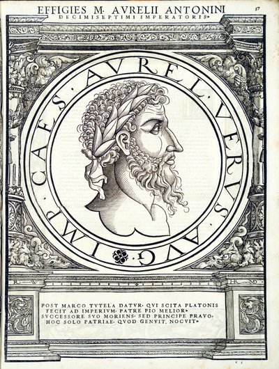 Lucius Verus, Illustration aus Imperatorum romanorum omnium orientalium et occidentalium verissimae imagines ex antiquis numismatis von Hans Rudolf Manuel Deutsch